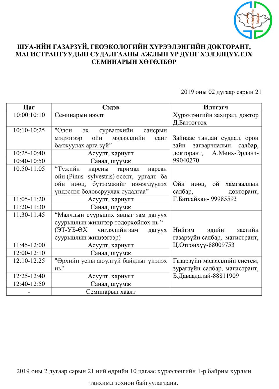 ШУА-ИЙН ГАЗАРЗҮЙ, ГЕОЭКОЛОГИЙН ХҮРЭЭЛЭНГИЙН ДОКТОРАНТ, МАГИСТРАНТУУДЫН СУДАЛГААНЫ АЖЛЫН ҮР ДҮНГ ХЭЛЭЛЦҮҮЛЭХ СЕМИНАРЫН ХӨТӨЛБӨР