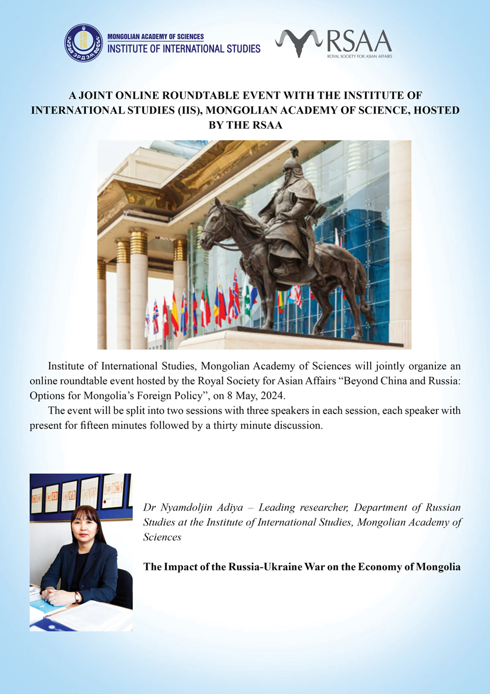 A JOINT ONLINE ROUNDTABLE EVENT WITH THE INSTITUTE OF INTERNATIONAL STUDIES (IIS), MONGOLIAN ACADEMY OF SCIENCE, HOSTED BY THE RSAA
